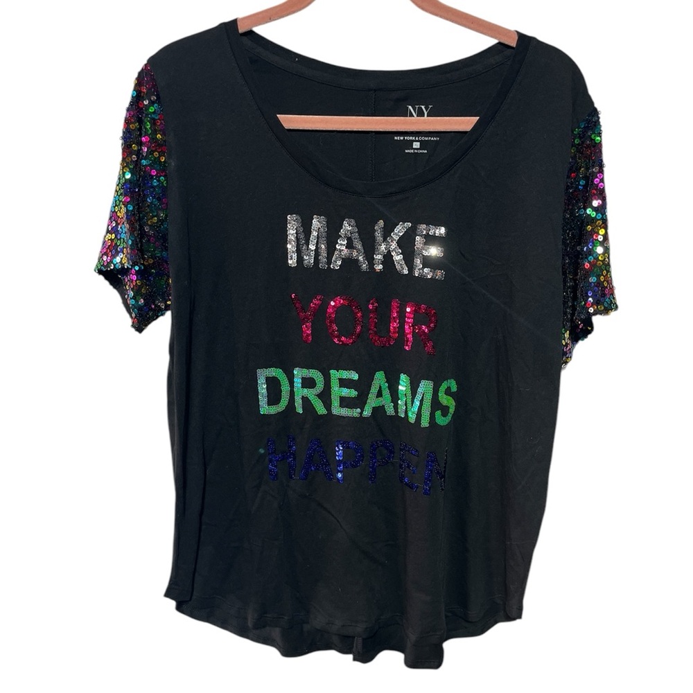 NY&C (XL) BLACK ROUND NECK MULTICOLORED SEQUINS “MAKE YOUR DREAMS HAPPEN”‎ NWOT